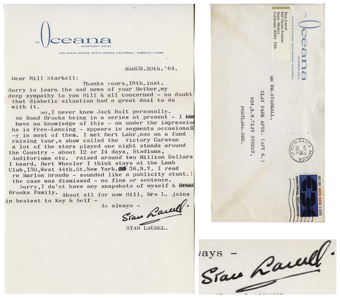 Stan Laurel Letter Signed With His Full Name -- Writing in 1964, ''...I read re Marlon Brando - sounded like a publicity stunt!...''